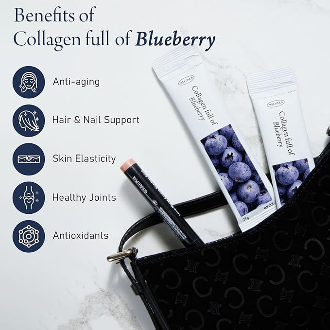 WELLINUS blueberry-flavored marine collagen, premium peptides for skin elasticity.