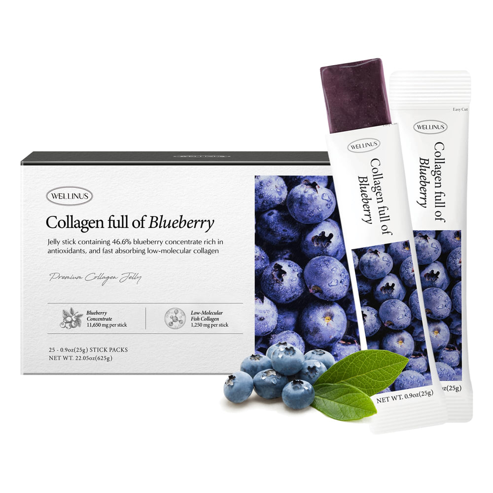 WELLINUS Korean collagen jelly sticks blueberry flavor, convenient on-the-go beauty support.