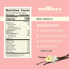 Wellious Almond Protein Powder Vanilla pour highlights silky texture for quick plant-based smoothies