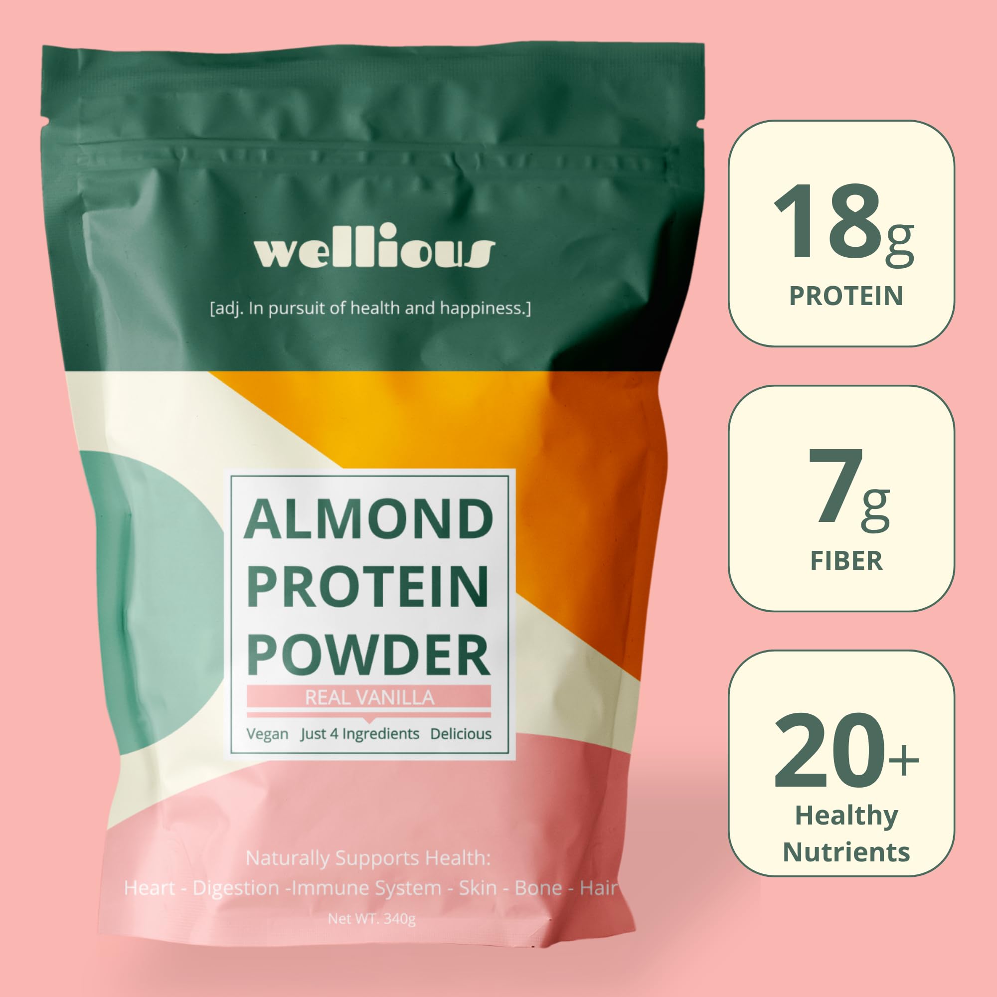 Wellious Almond Protein Powder Vanilla scoop emphasizes convenient serving and consistent flavor