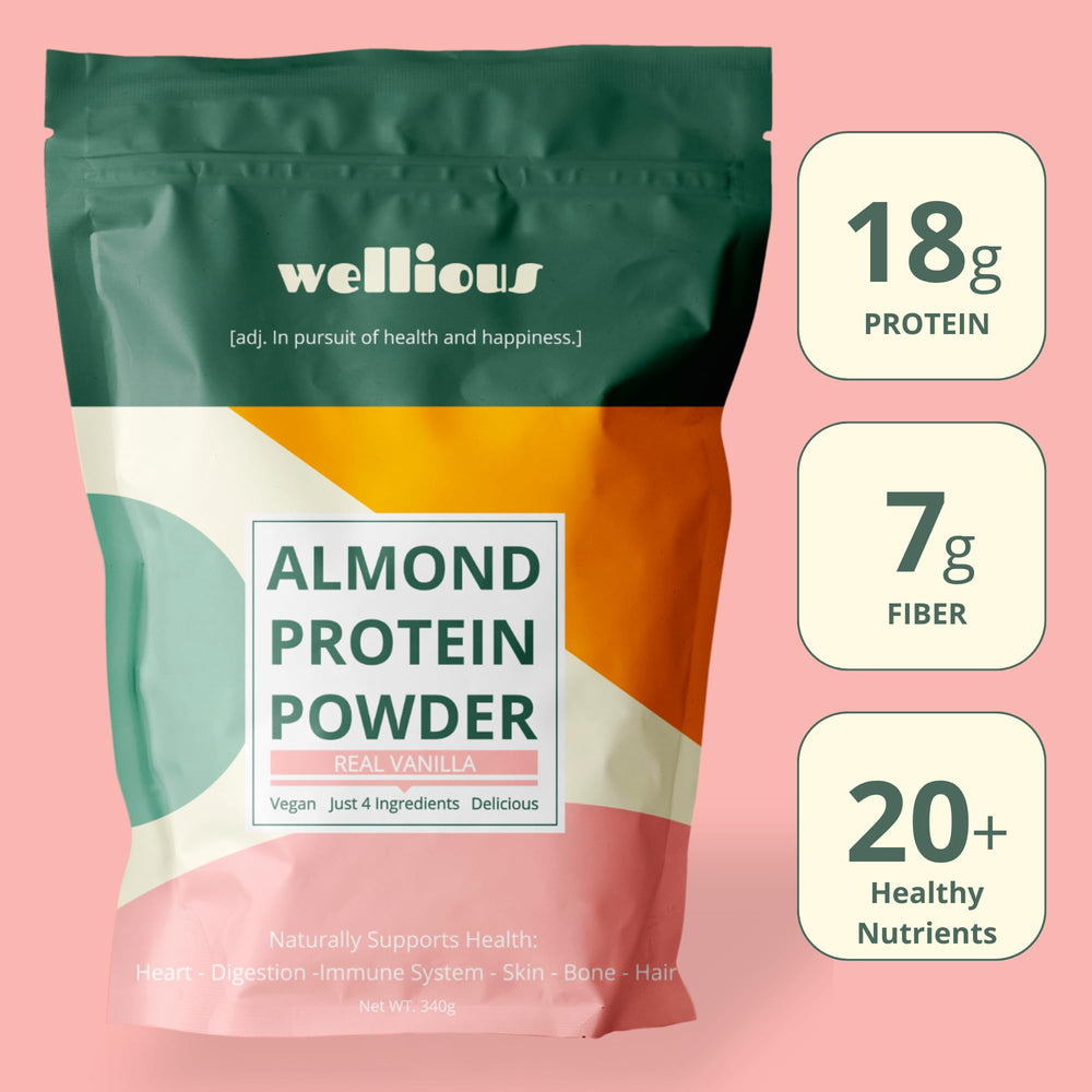 Wellious Almond Protein Powder Vanilla scoop emphasizes convenient serving and consistent flavor