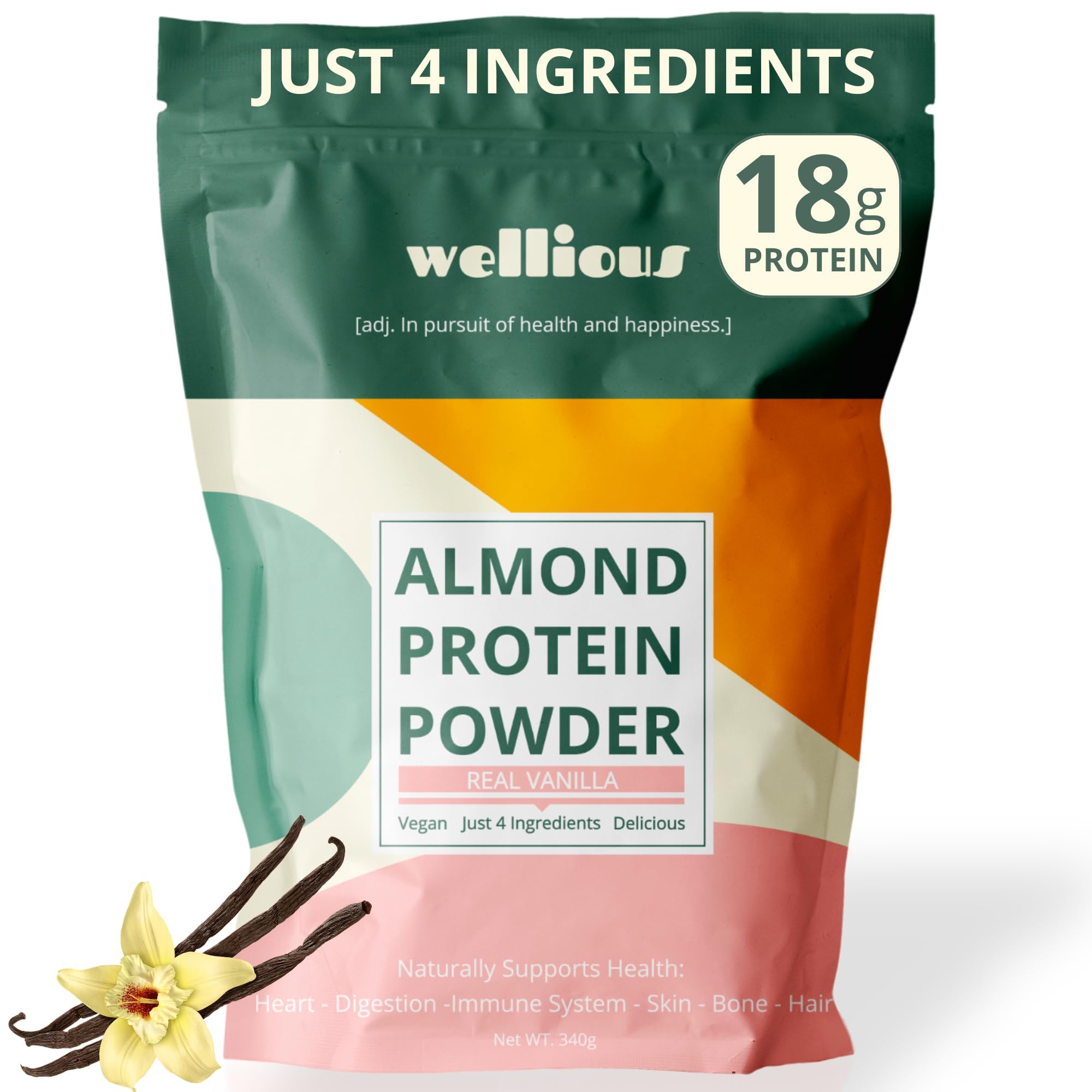 Wellious Almond Protein Powder Vanilla tub shows clean ingredients for smooth dairy-free shakes