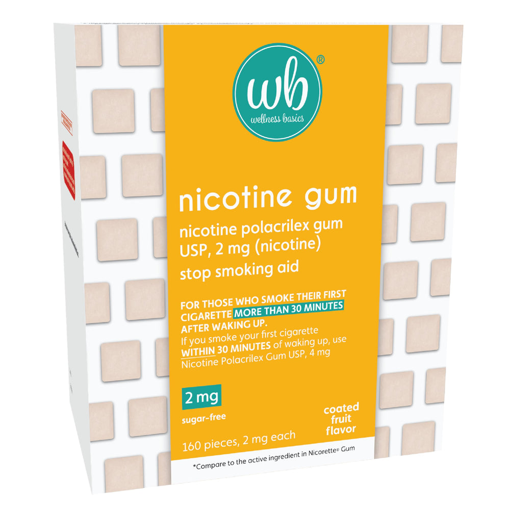 Wellness Basics nicotine gum 2mg box, convenient cravings relief packaging.