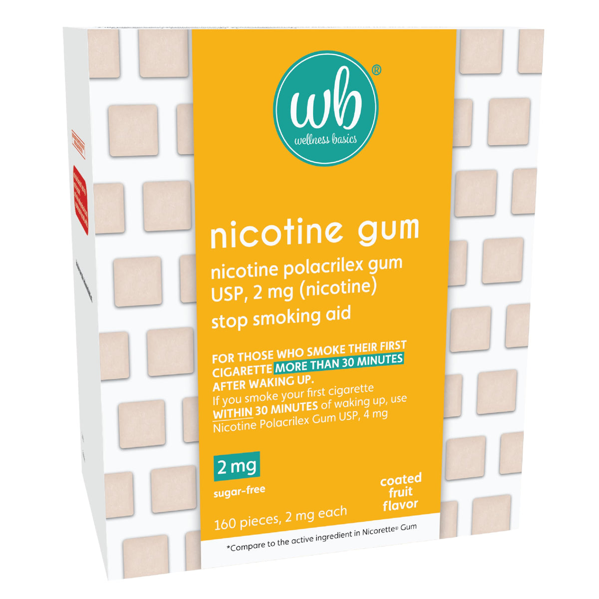 Wellness Basics nicotine gum 2mg box, convenient cravings relief packaging.