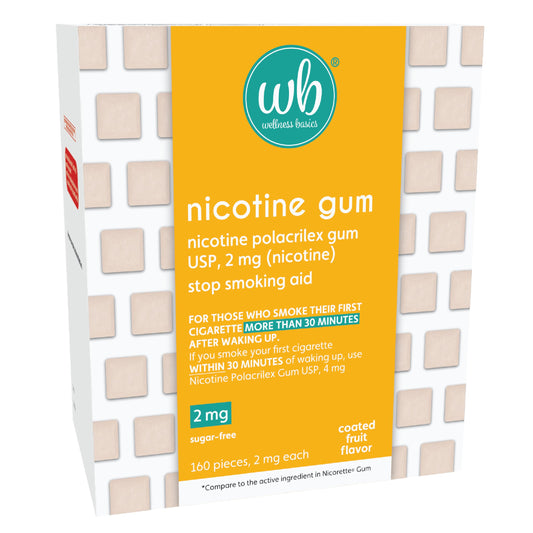 Wellness Basics nicotine gum 2mg box, convenient cravings relief packaging.