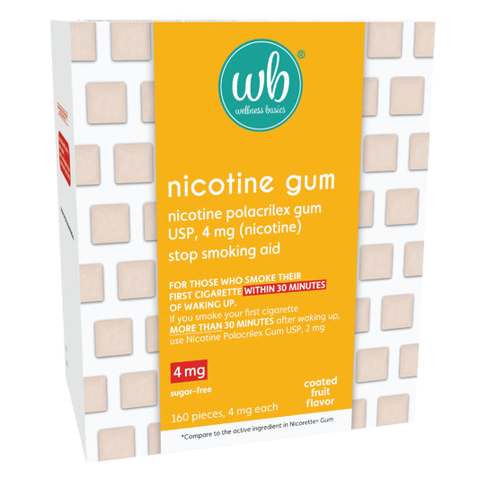 Wellness Basics nicotine gum 4mg fruit flavor packaging shows a 160-count bottle for quit support.