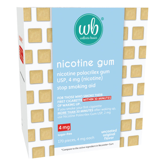 Wellness Basics uncoated nicotine gum 4mg original flavor packfront helps manage cravings on the go.