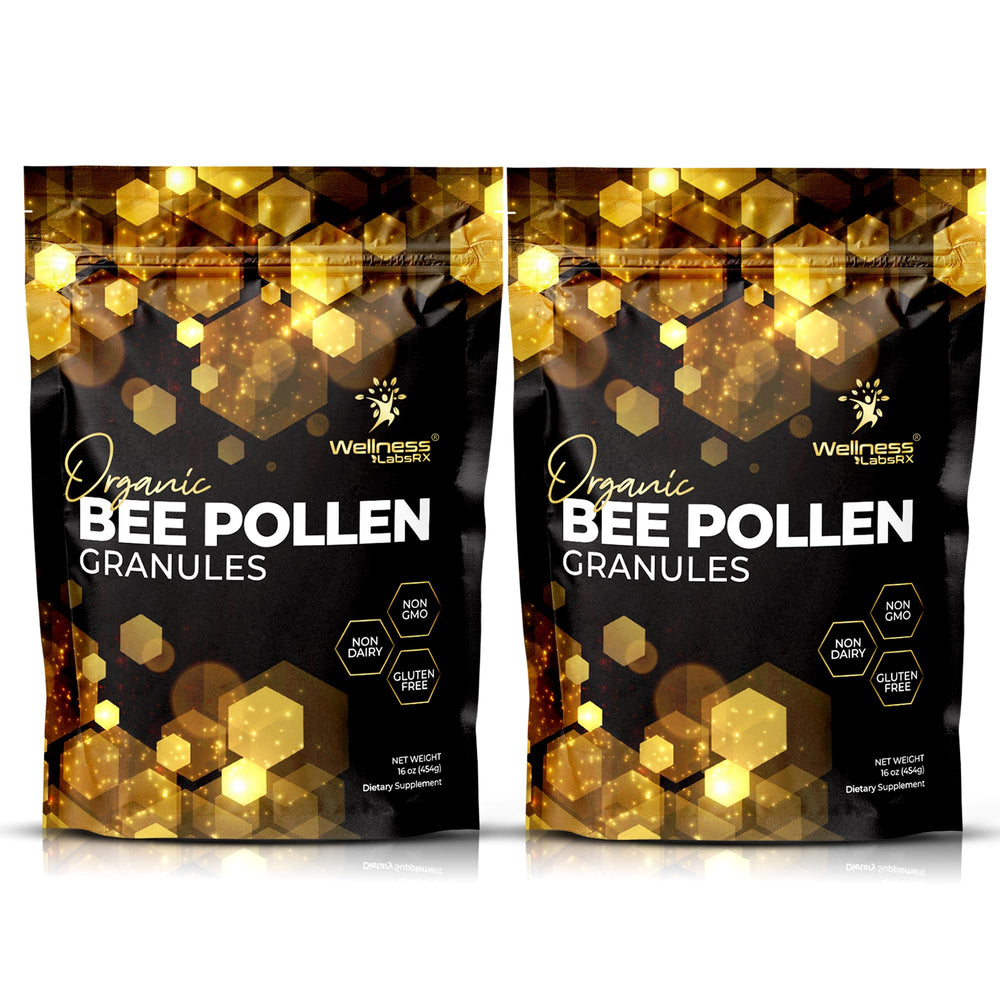 Wellness LabsRx Bee Pollen Granules bottle shows a natural protein-rich superfood for daily energy and immune support.