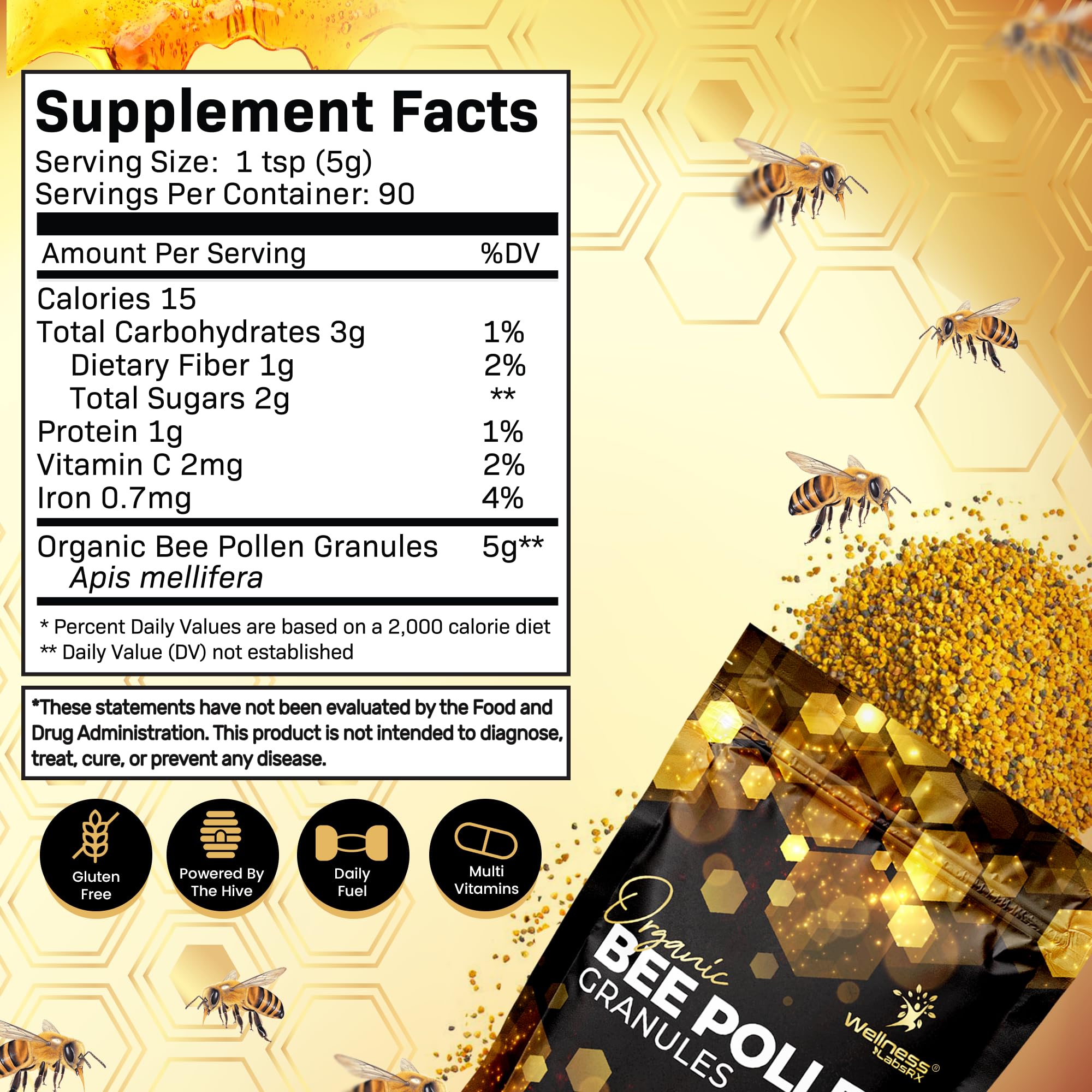 Wellness LabsRx Bee Pollen Granules dry texture in bag highlights organic quality.