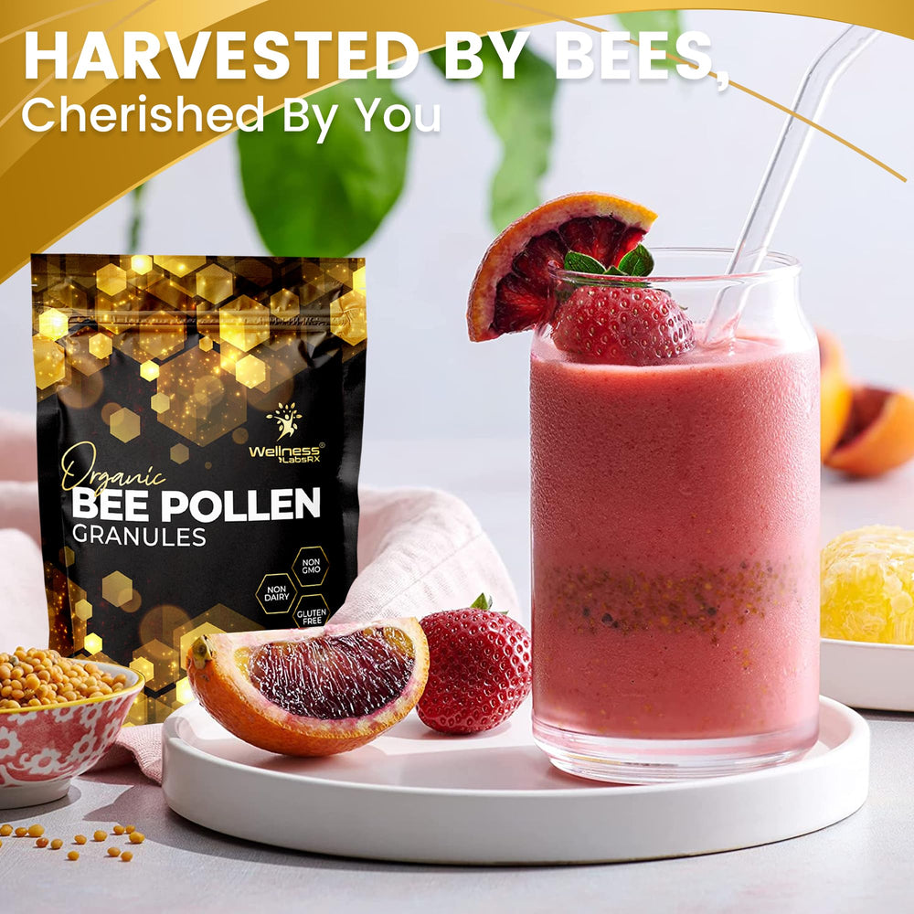Wellness LabsRx Bee Pollen Granules in bowl show versatile superfood use.