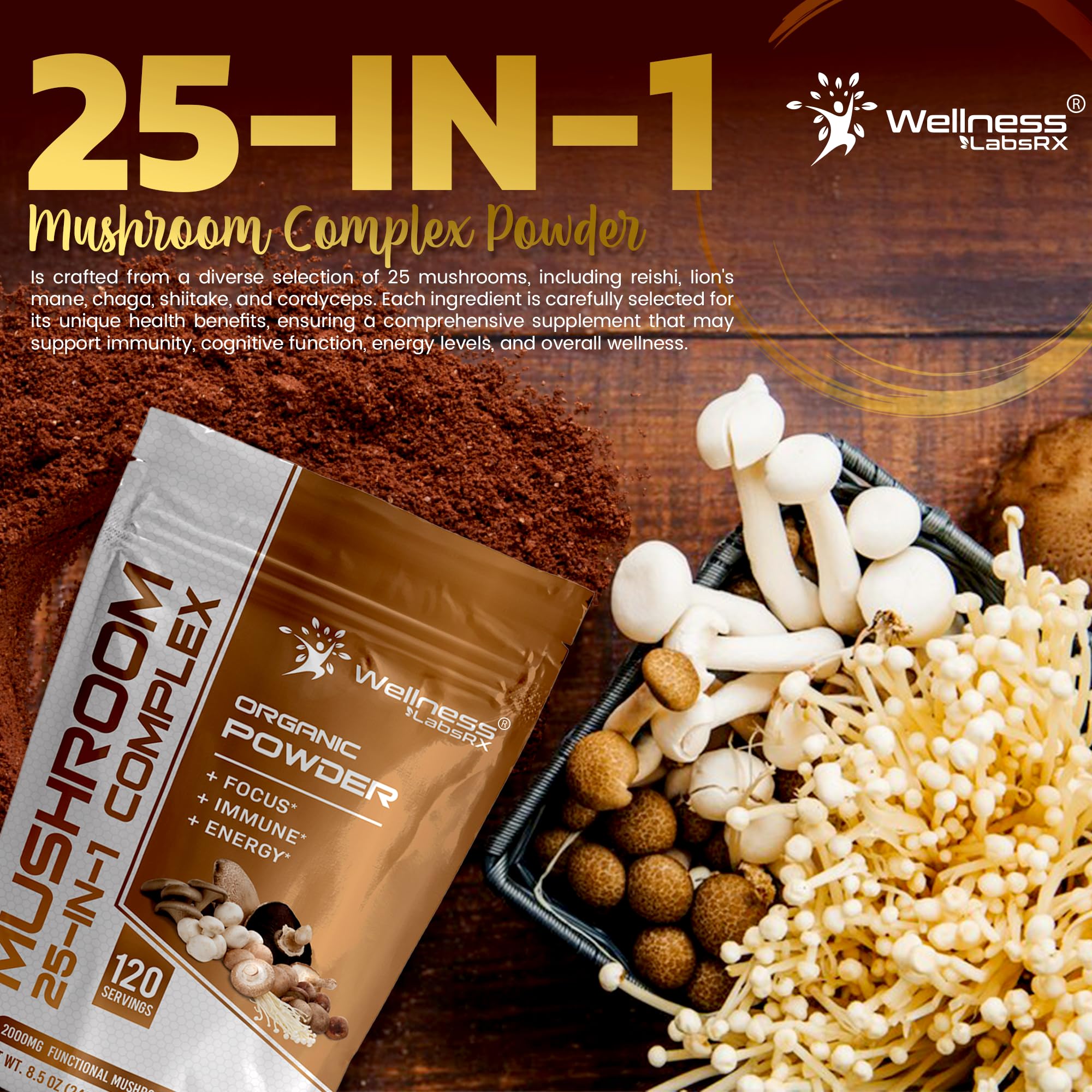 WELLNESS LABSRX Chaga powder supports digestive comfort and gut health.