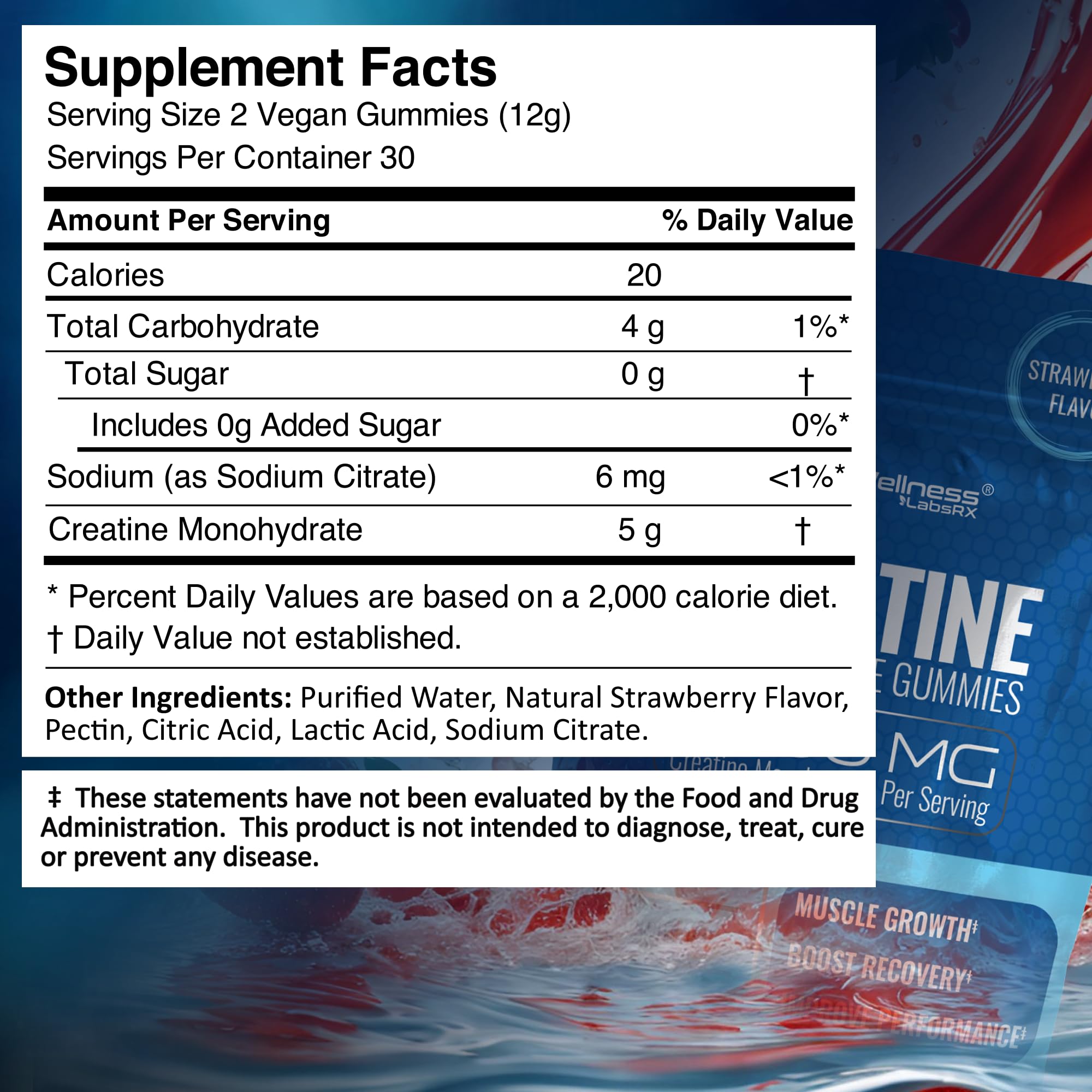 WELLNESS LABSRX Creatine Gummies strawberry-flavored gummy on bright packaging