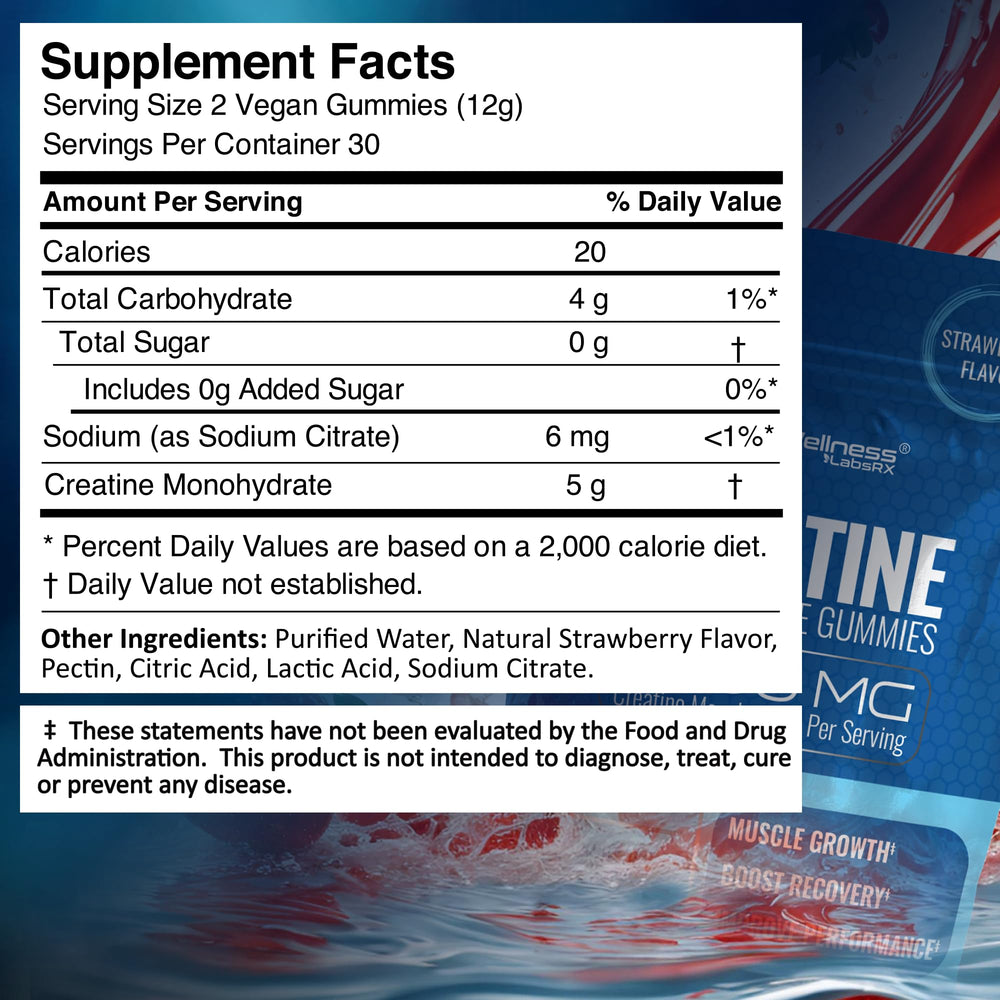 WELLNESS LABSRX Creatine Gummies strawberry-flavored gummy on bright packaging