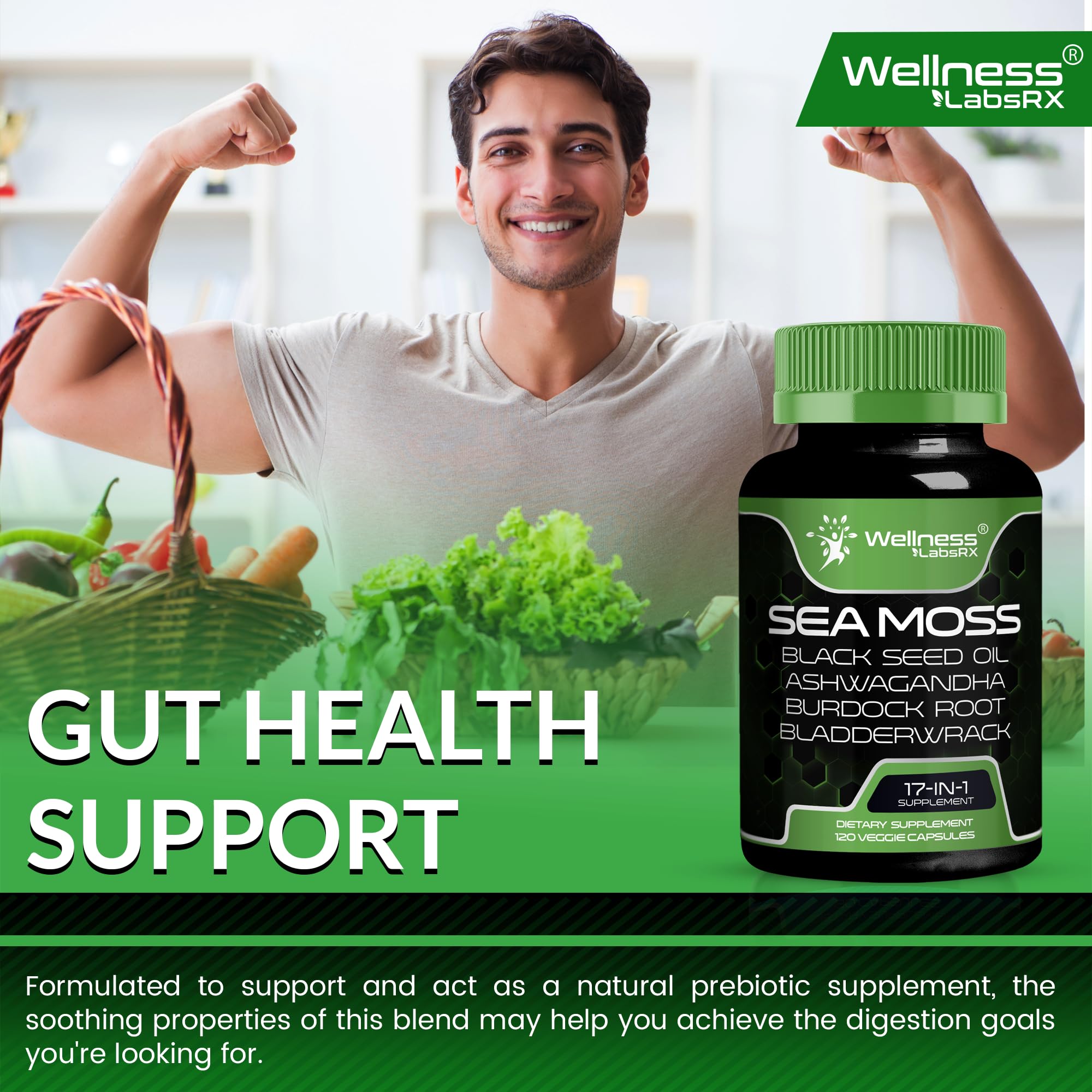Diagram of digestive system with WELLNESS LABSRX capsules for gut comfort.