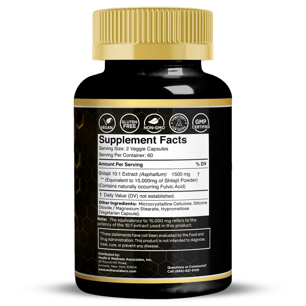 WELLNESS LABSRX Himalayan Shilajit capsules close-up highlights 1500mg dose for sustained energy.