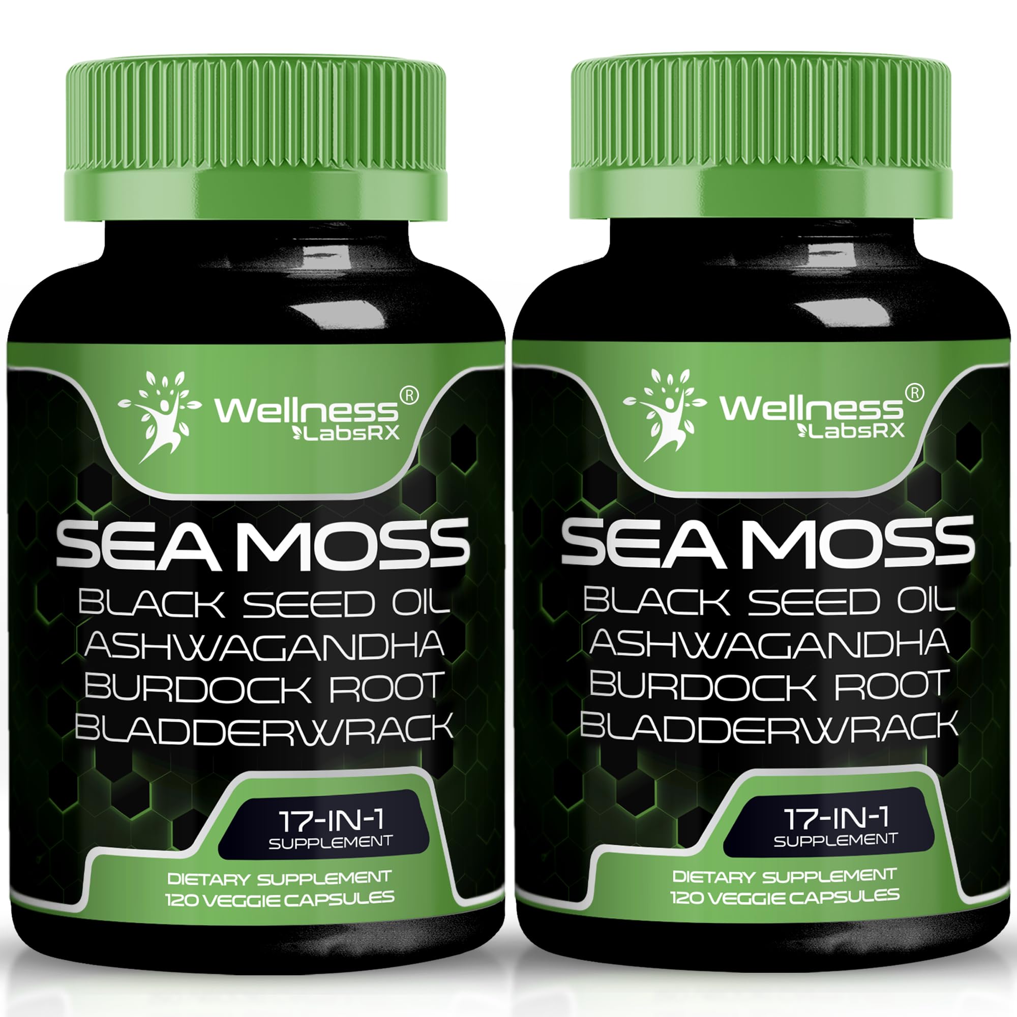 WELLNESS LABSRX Irish Sea Moss Capsules bottle with 17-in-1 blend for immune and gut support.