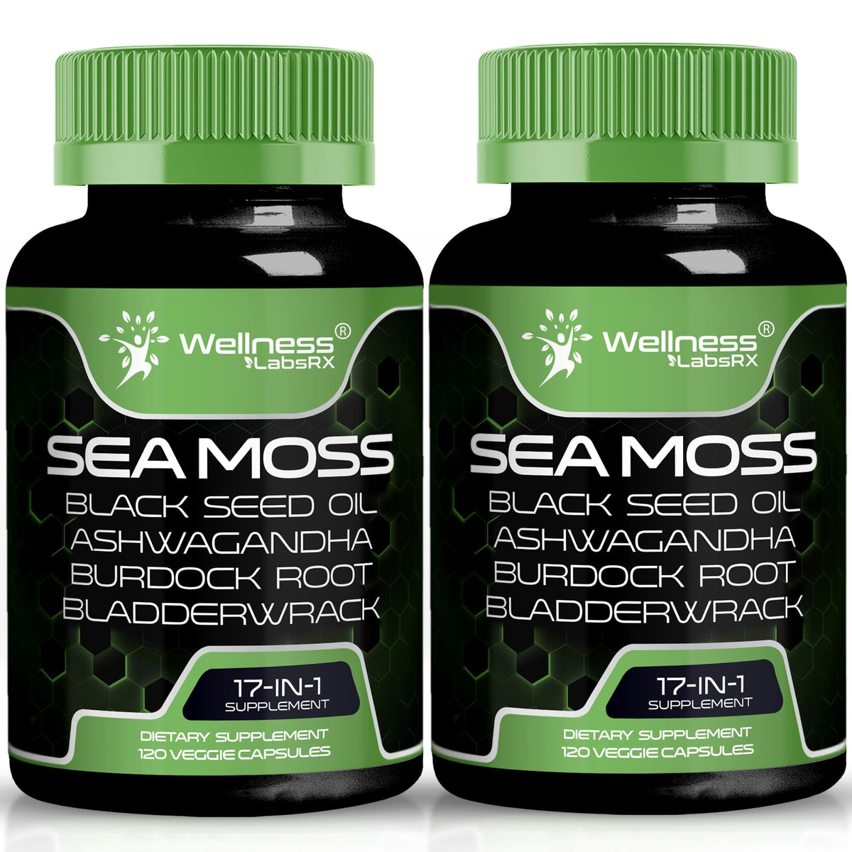 WELLNESS LABSRX Irish Sea Moss Capsules bottle with 17-in-1 blend for immune and gut support.