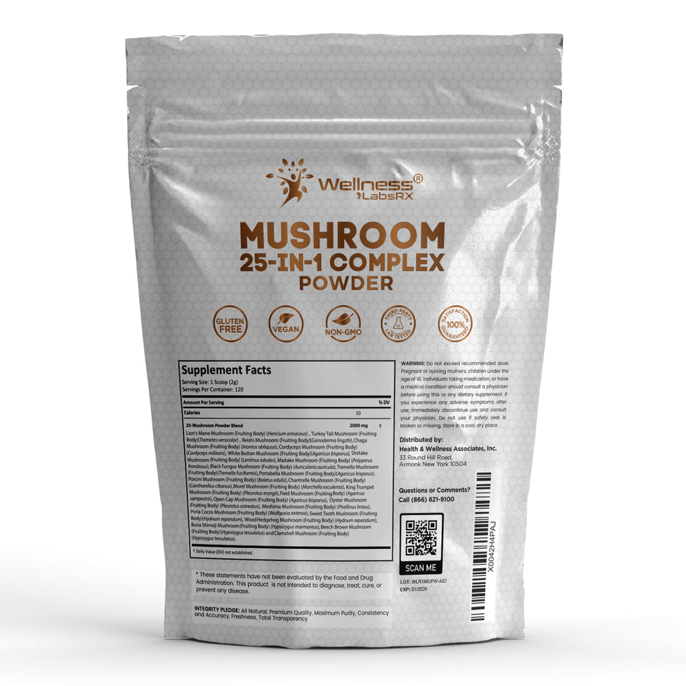 WELLNESS LABSRX Lions Mane Mushroom Powder highlights cognitive health potential.