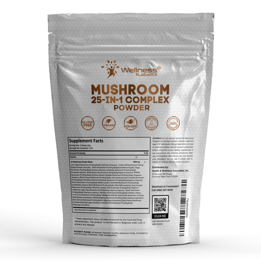 WELLNESS LABSRX Lions Mane Mushroom Powder highlights cognitive health potential.