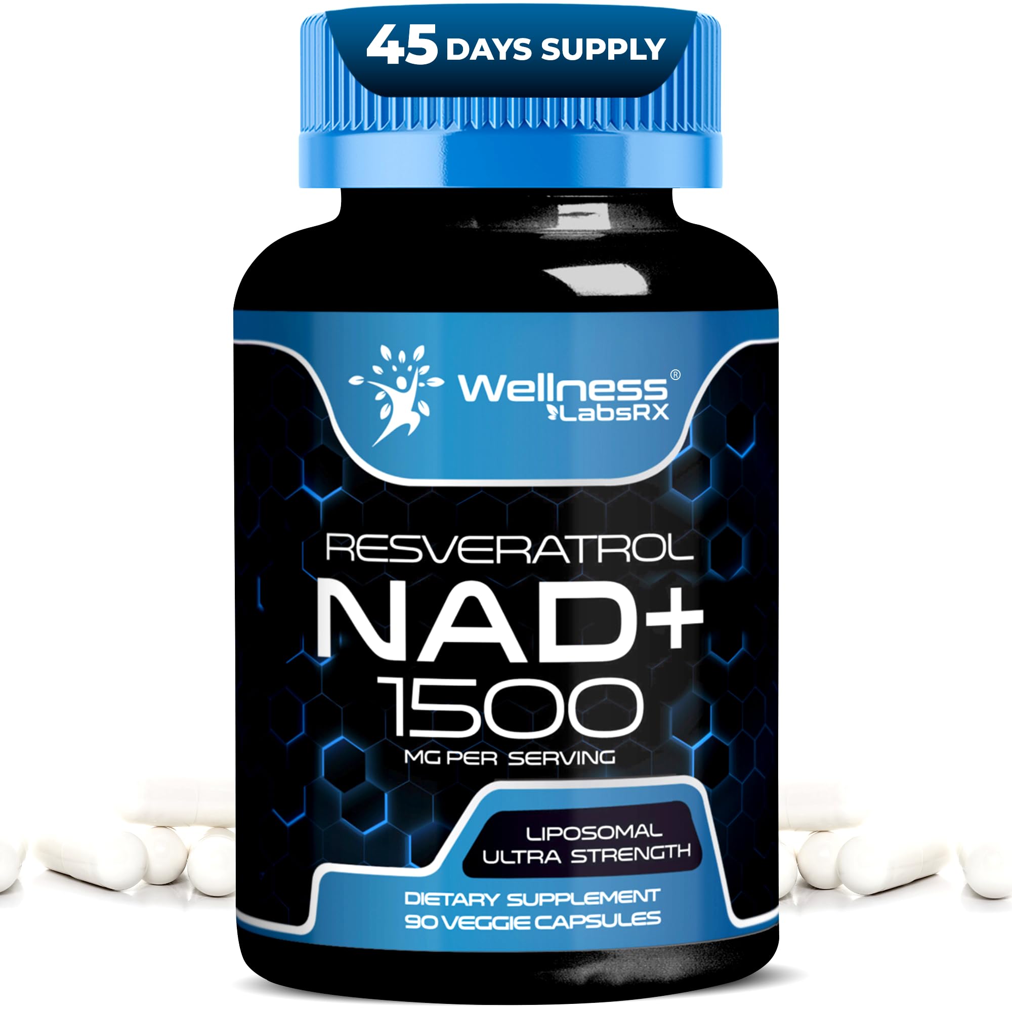WELLNESS LABSRX liposomal NAD bottle front showing premium NAD+ support.