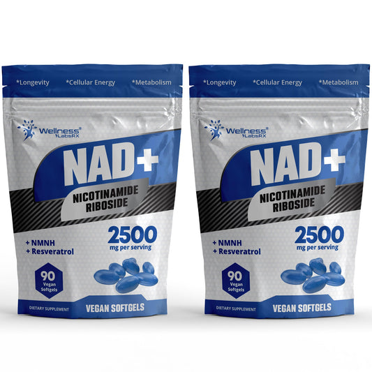 WELLNESS LABSRX liposomal NAD+ softgels bottle showing potent 2500mg formula for cellular support.