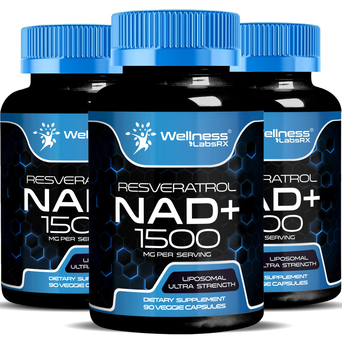 WELLNESS LABSRX liposomal NAD supplement bottle highlighting high-dose NAD+ for cellular support