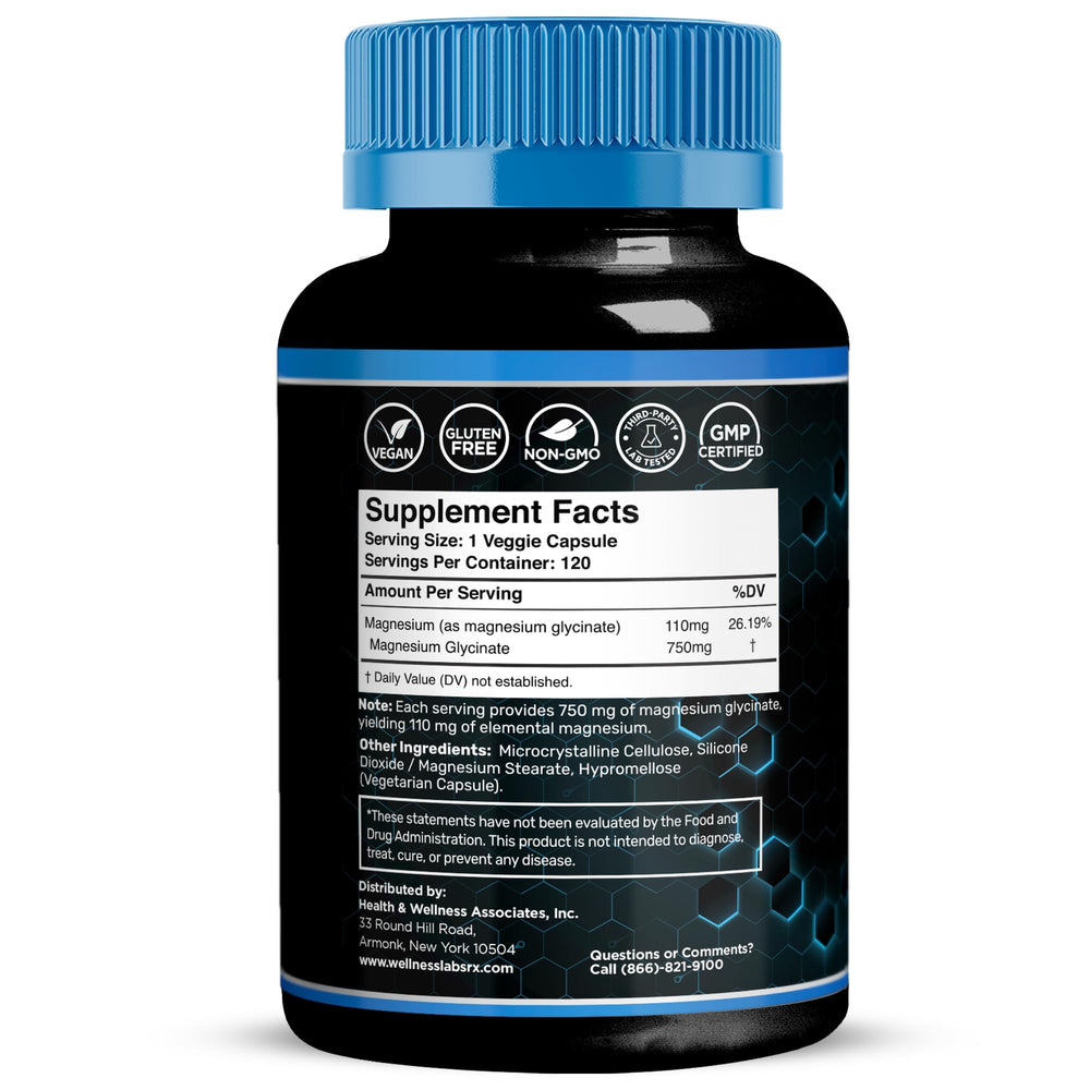Wellness LabsRx magnesium glycinate bottle pour shows easy-to-swallow capsules for daily use.