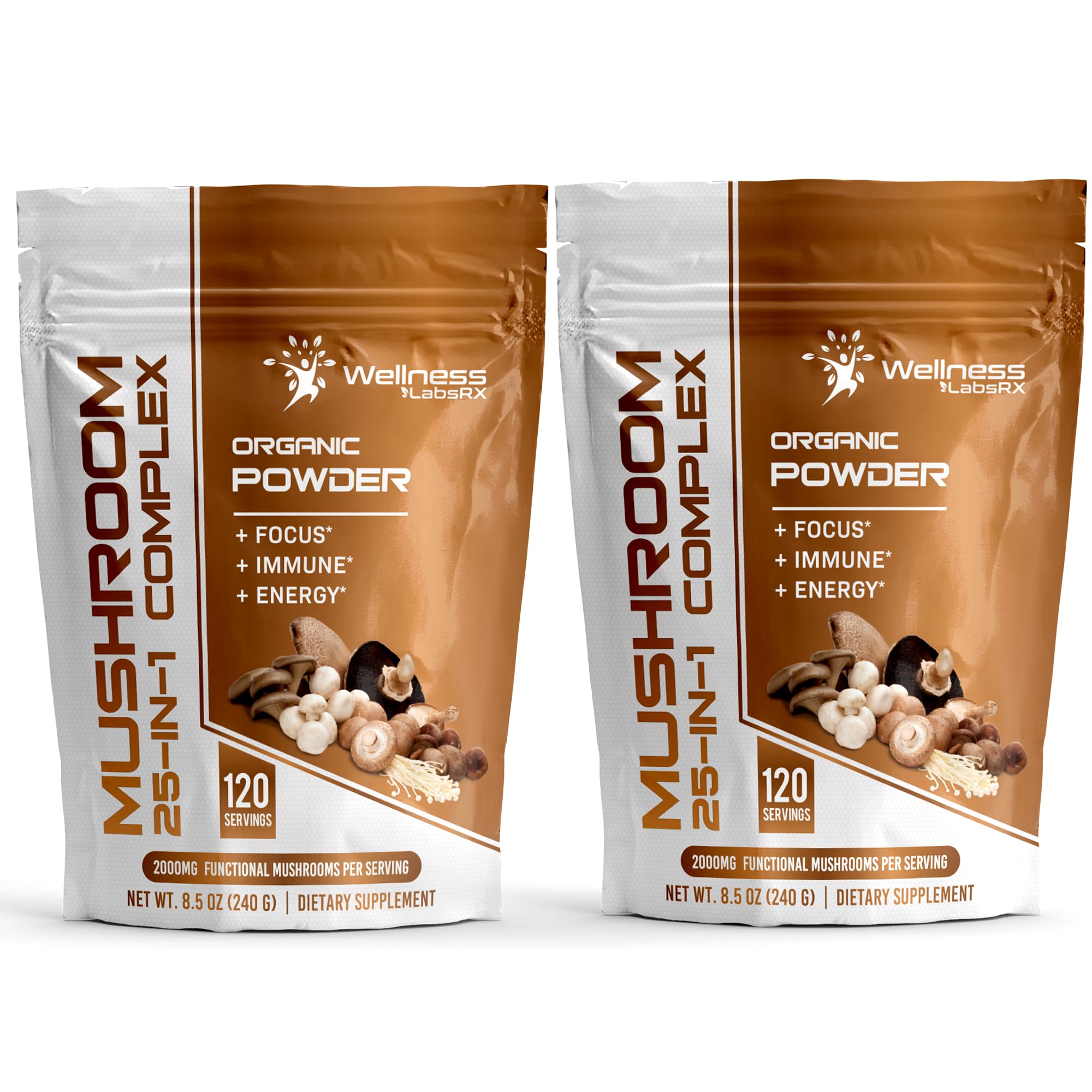 WELLNESS LABSRX Mushroom Powder 25-in-1 bottle offers daily wellness support with a rich mushroom blend.