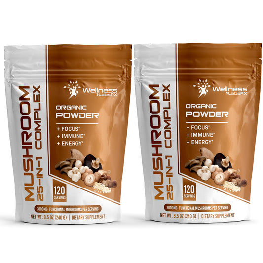 WELLNESS LABSRX Mushroom Powder 25-in-1 bottle offers daily wellness support with a rich mushroom blend.