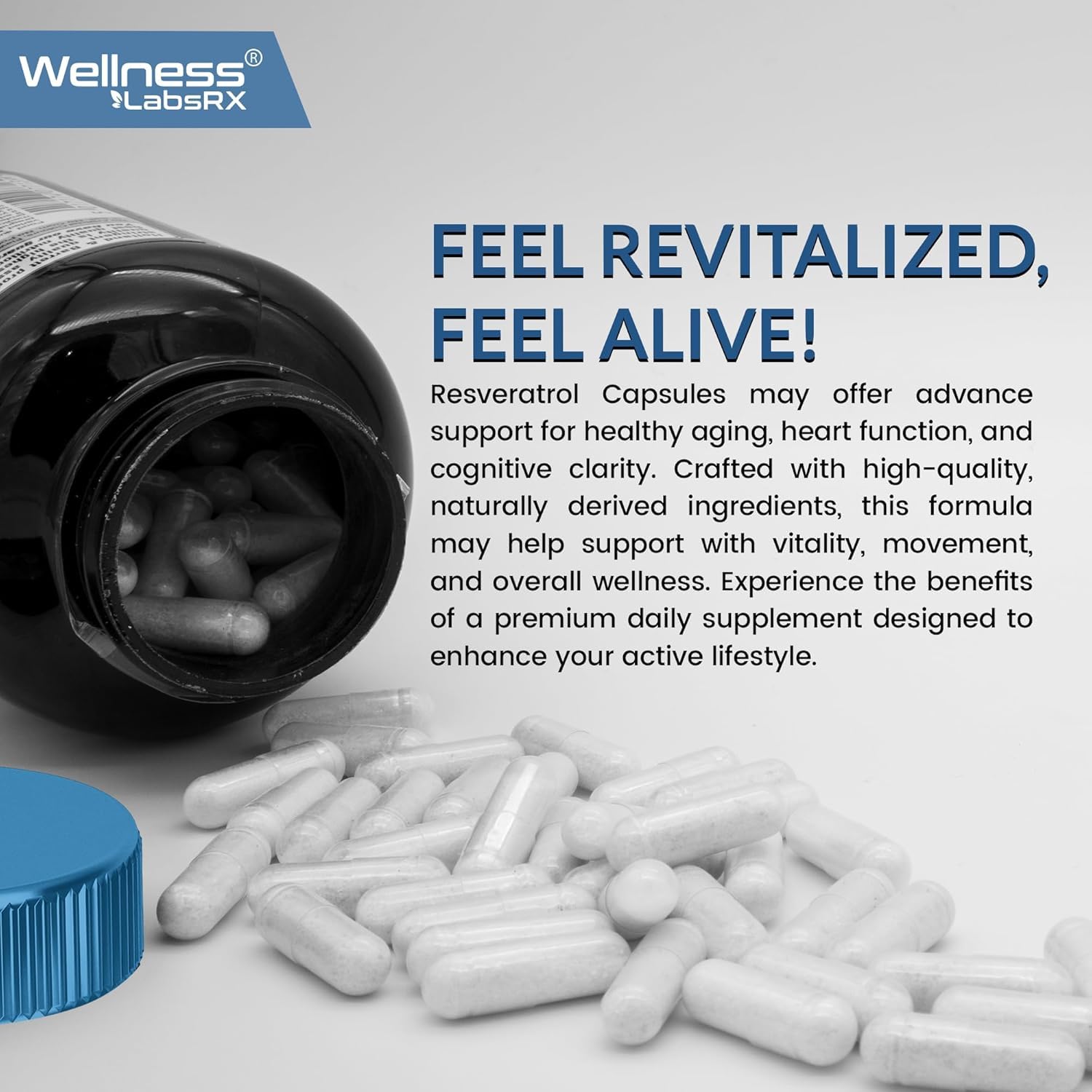 Wellness LabsRx Resveratrol capsules shown for easy swallowing.