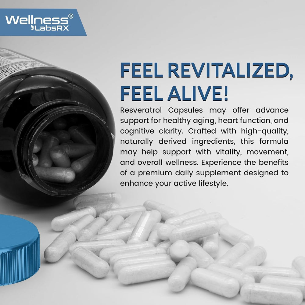 Wellness LabsRx Resveratrol capsules shown for easy swallowing.