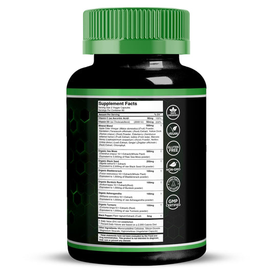 Close-up of WELLNESS LABSRX bottle highlighting 17-in-1 sea moss formula.