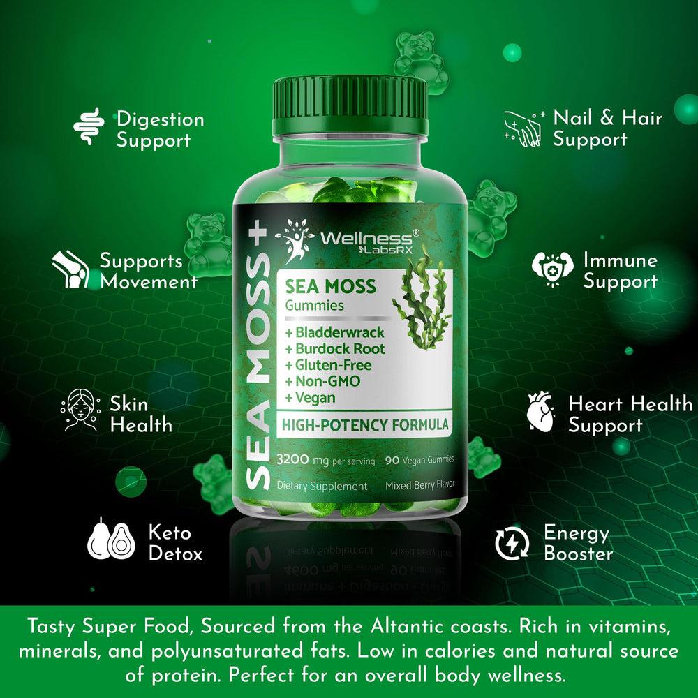 Wellness LabsRx Sea Moss Gummies vegan-friendly label signals non-GMO and clean ingredients.