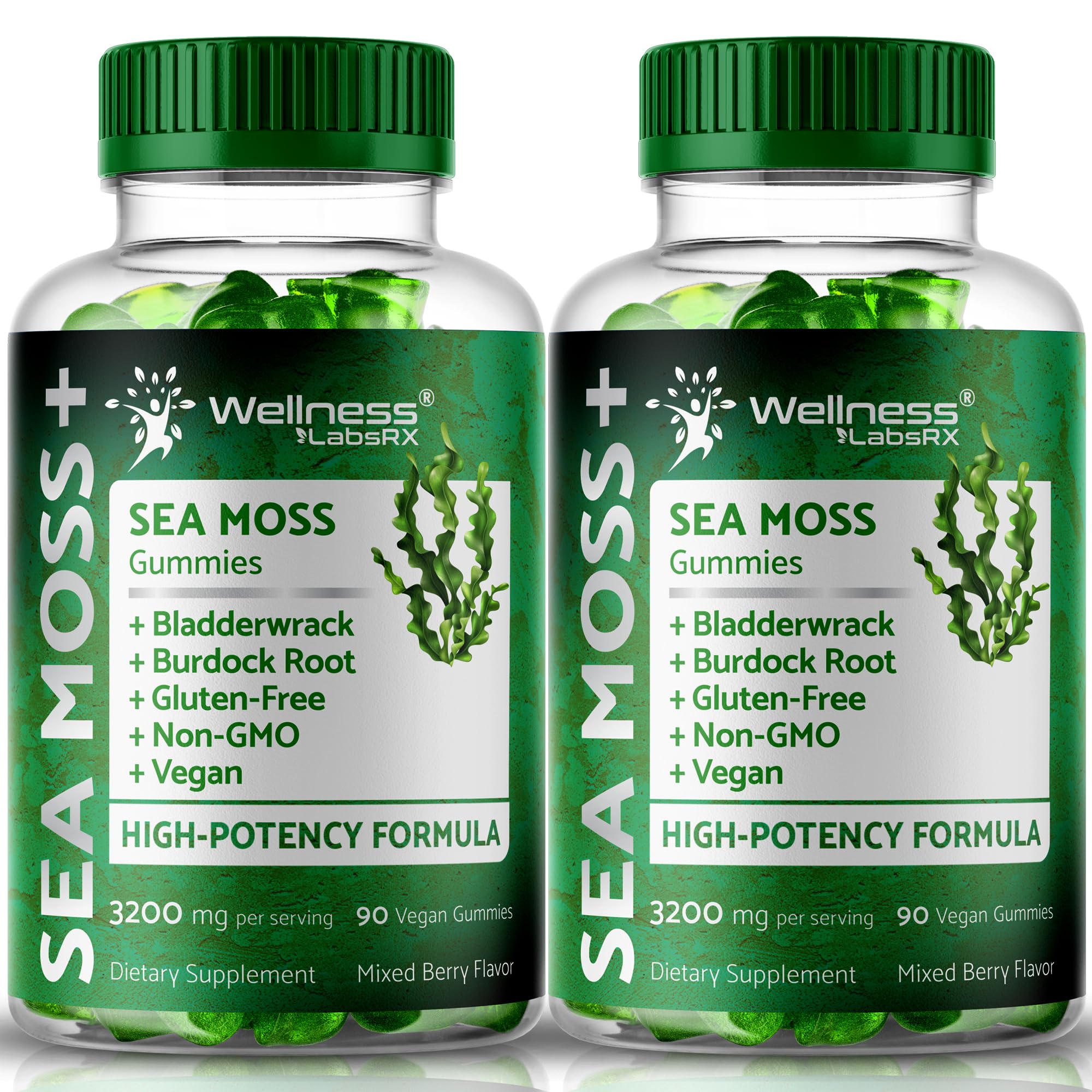 Wellness LabsRx Sea Moss Gummies bottle shows mixed berry flavor and immune support potential.
