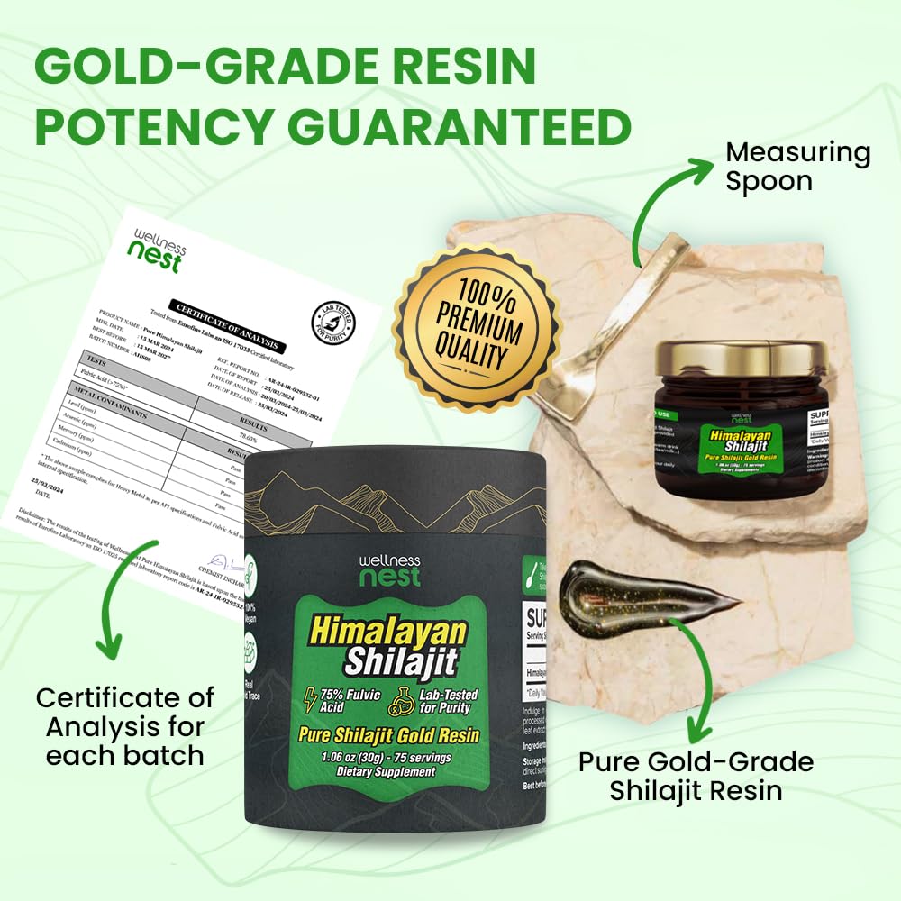 Wellness Nest gold-grade shilajit measuring spoon enables accurate dosing.