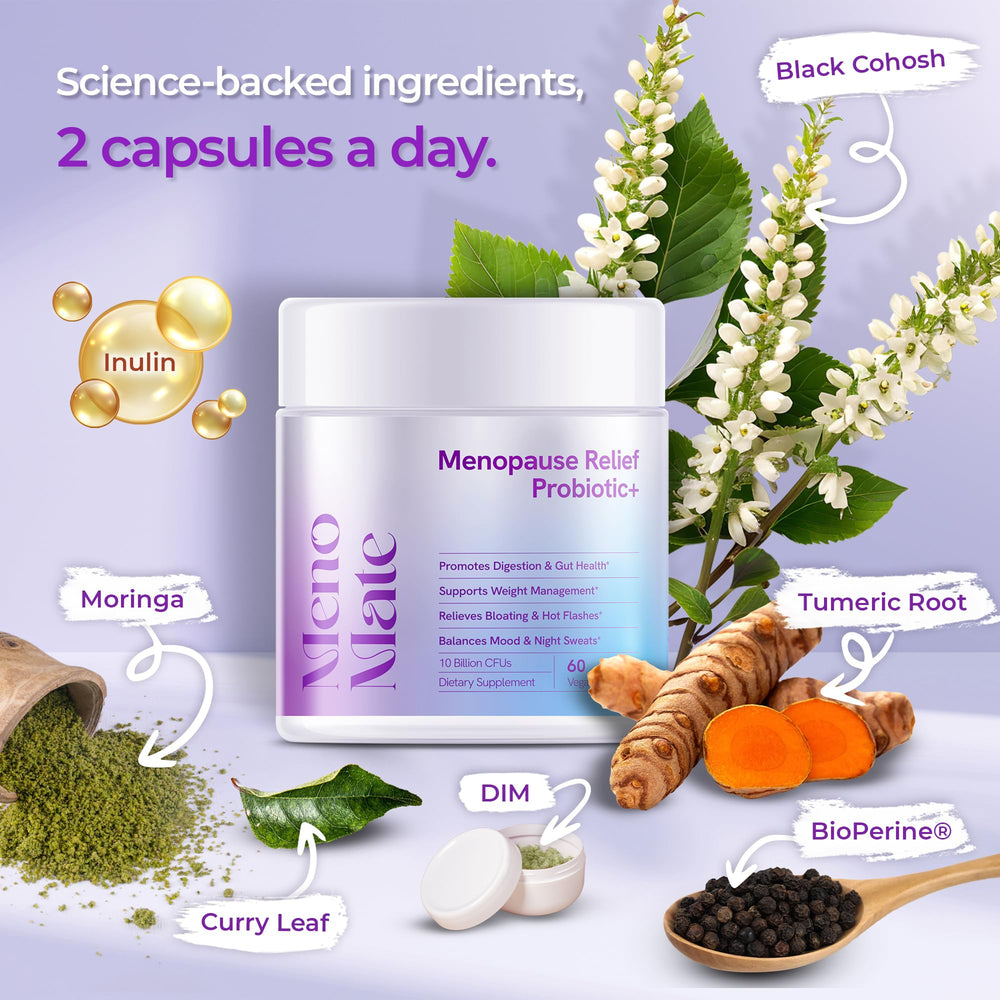Wellness Nest MenoMate capsules closeup—10B CFU probiotic blend fosters balanced digestion.