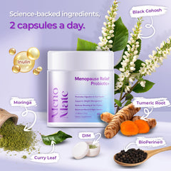 Wellness Nest MenoMate capsules closeup—10B CFU probiotic blend fosters balanced digestion.
