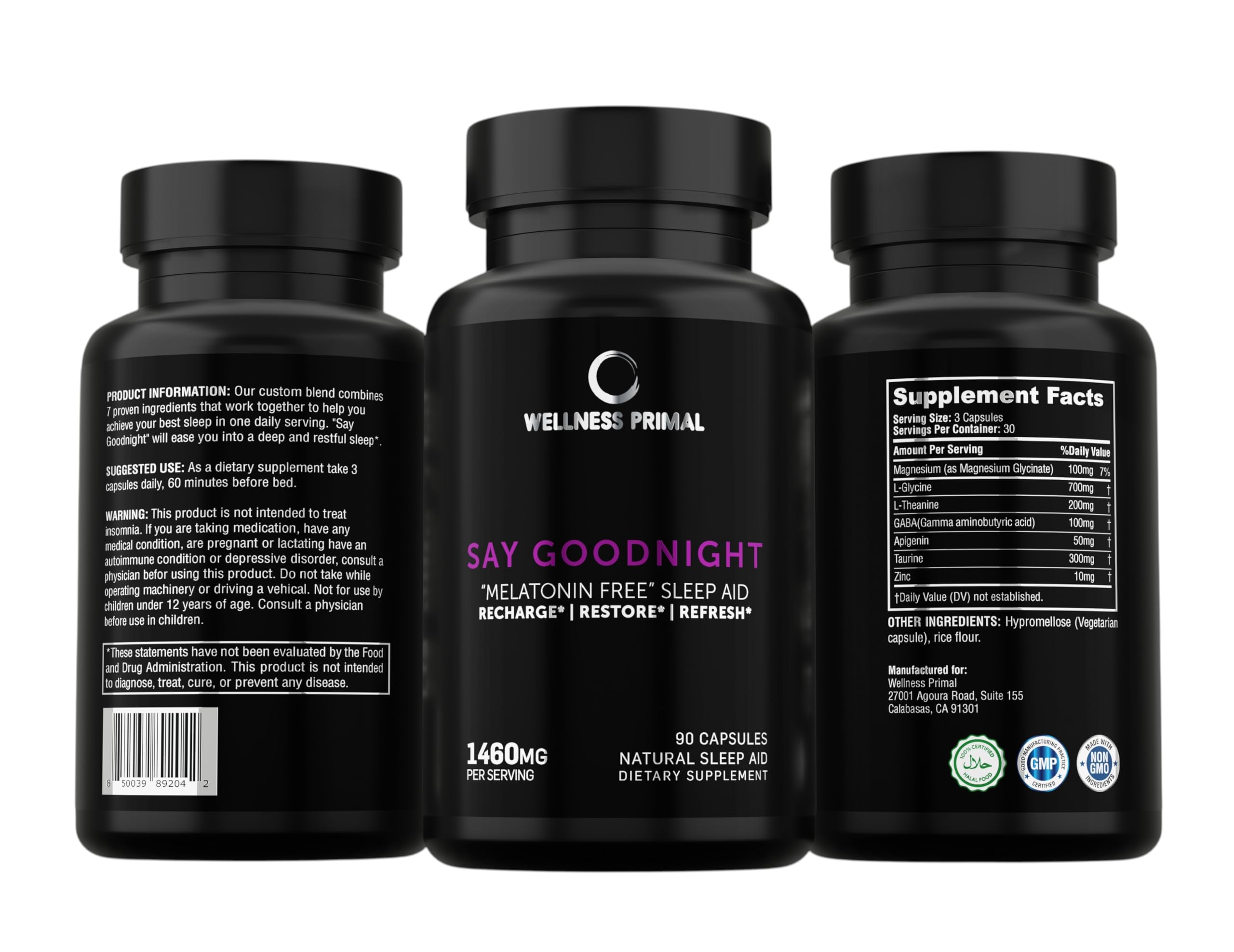 Close-up of the Say Goodnight label highlighting magnesium and GABA.