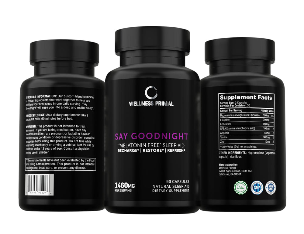 Close-up of the Say Goodnight label highlighting magnesium and GABA.