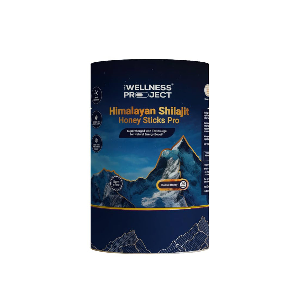 The Wellness Project Himalayan Shilajit Honey Stick Pro pack highlighting energy-boosting formula.