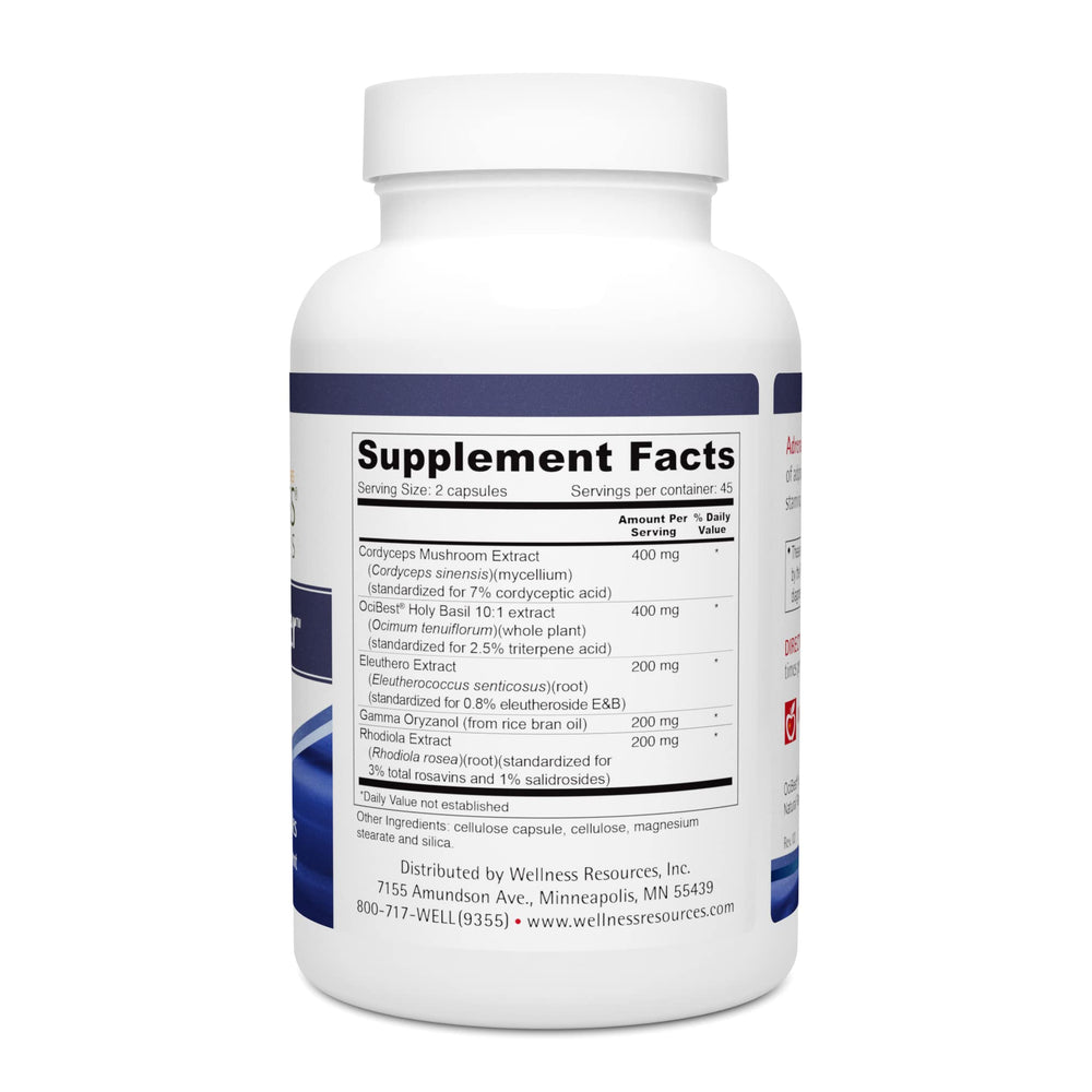 Wellness Resources Adrenal Helper capsules closeup showing 90 vegetarian capsules for daily use