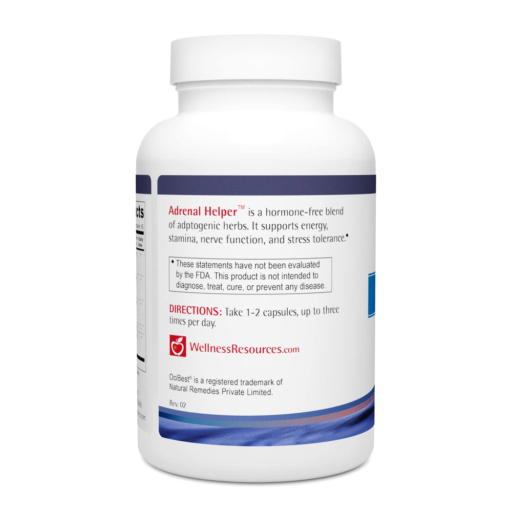 Wellness Resources Adrenal Helper label closeup highlighting vegan adaptogens for daily resilience