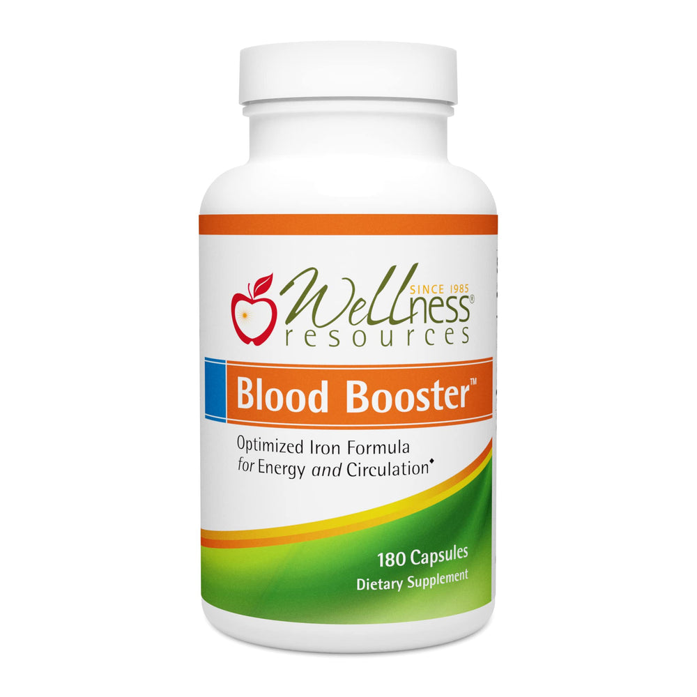 Wellness Resources Blood Booster bottle close-up highlights gentle iron bisglycinate.