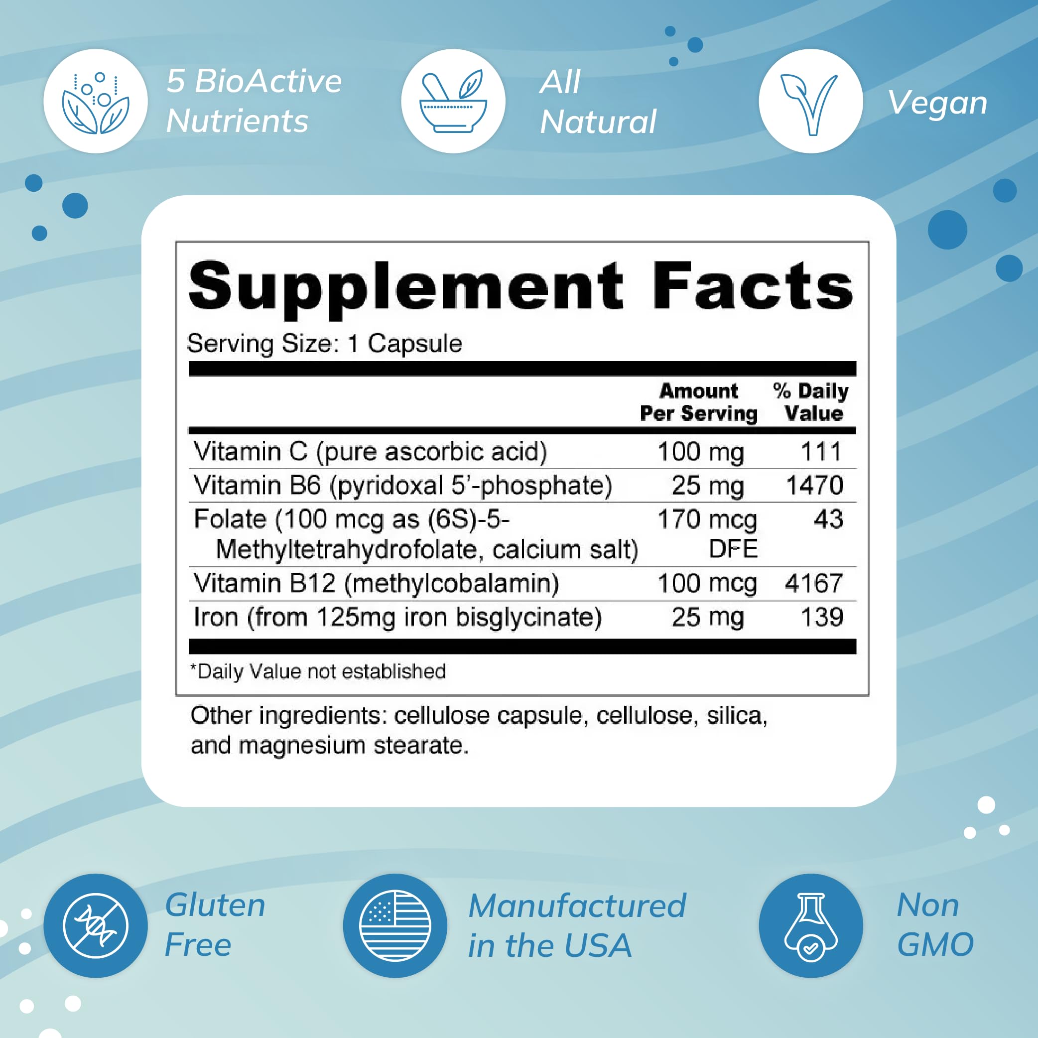 Ingredients label reveals methylfolate and coenzyme B vitamins.