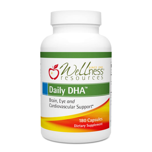 Wellness Resources Daily DHA bottle front, easy daily supplementation at a glance.