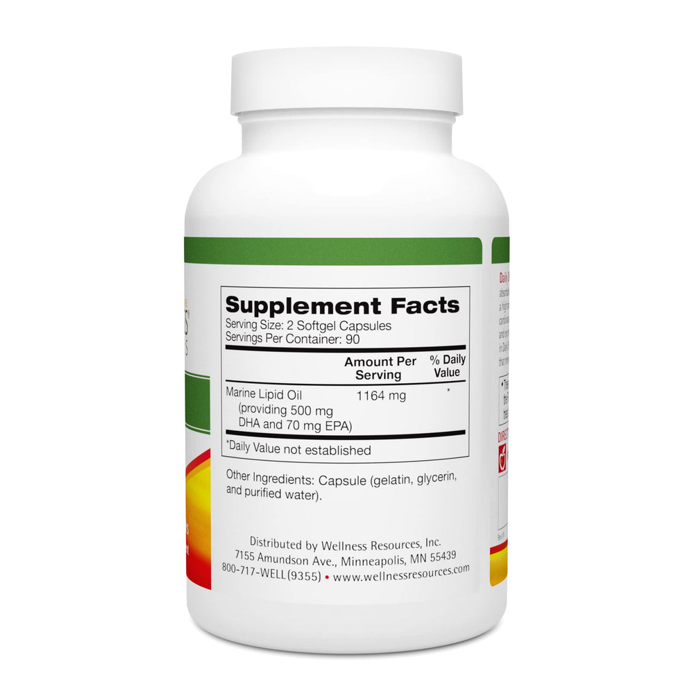 Wellness Resources Daily DHA capsules close-up, small burp-free capsules for daily use.