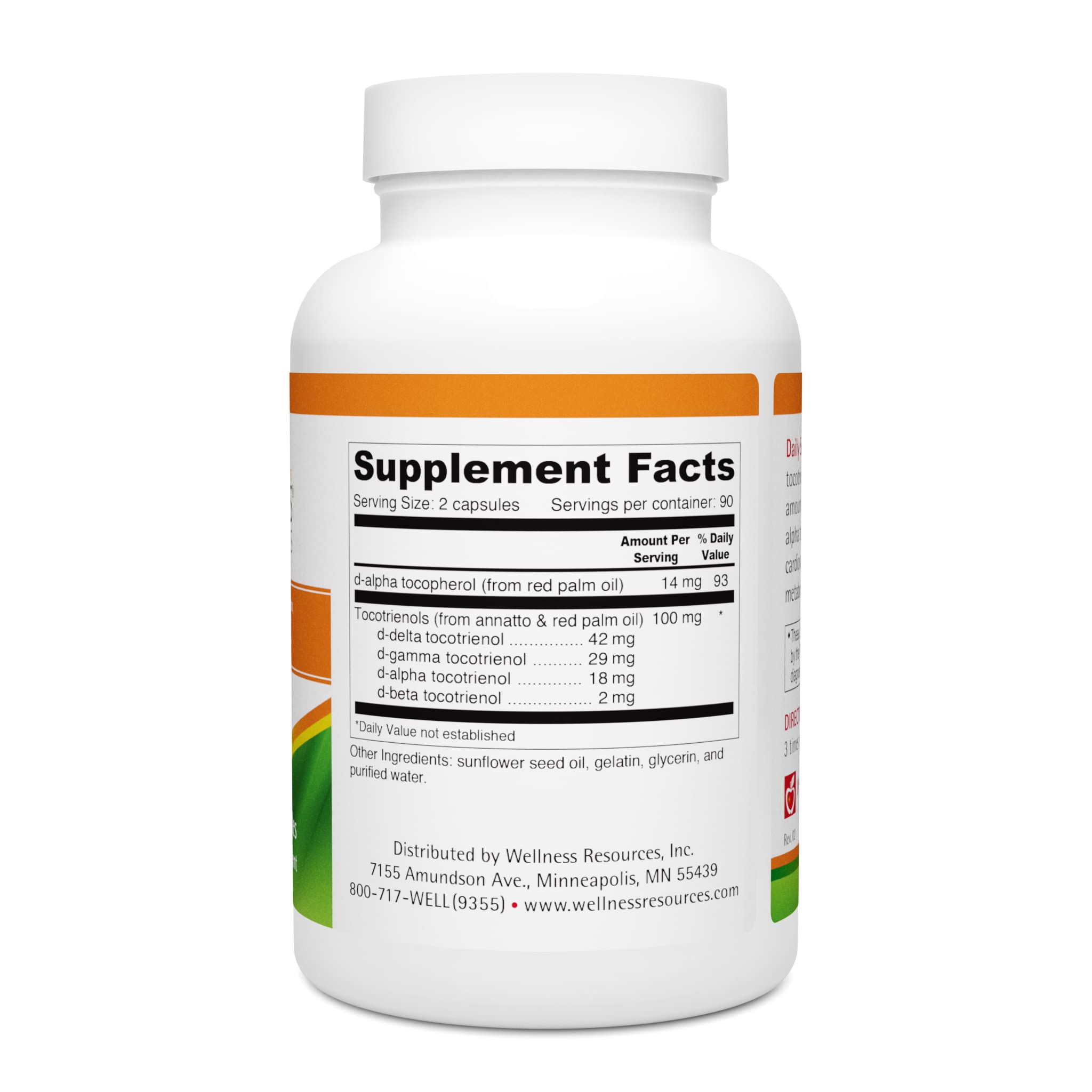 Wellness Resources Daily Super E Tocotrienol bottle back view highlighting soy-free formula