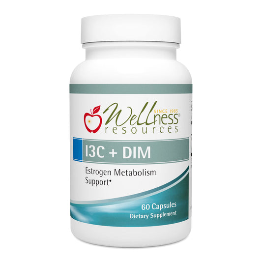 Wellness Resources I3C + DIM bottle front demonstrates a vegan supplement for estrogen metabolism support