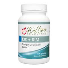 Wellness Resources I3C + DIM bottle front demonstrates a vegan supplement for estrogen metabolism support