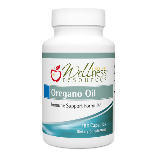 Wellness Resources Oil of Oregano bottle label shows 55% carvacrol for immune support